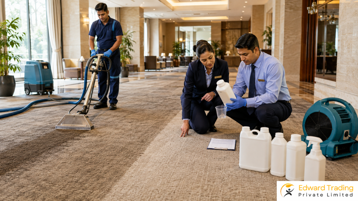 Institutional buyer evaluating carpet cleaning chemicals in Nepal for a facility in Nepal