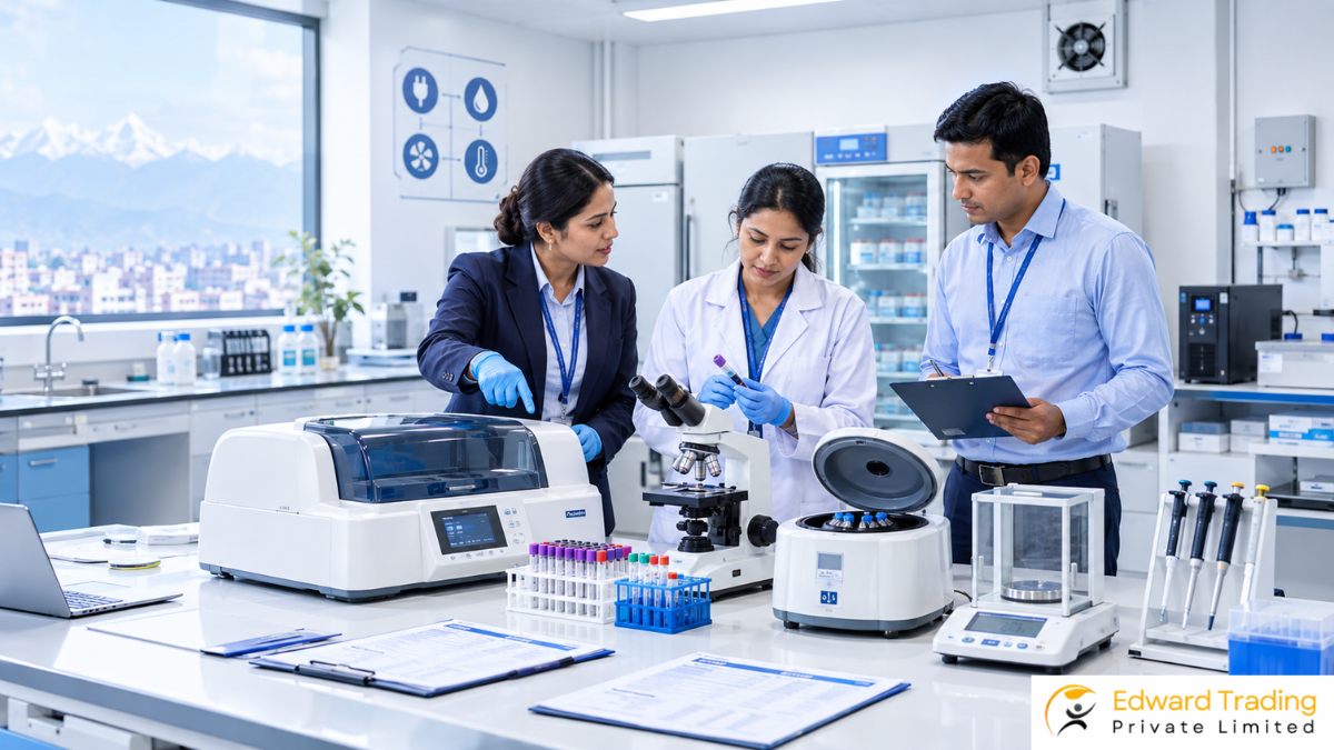 Institutional laboratory team evaluating laboratory equipment in Nepal